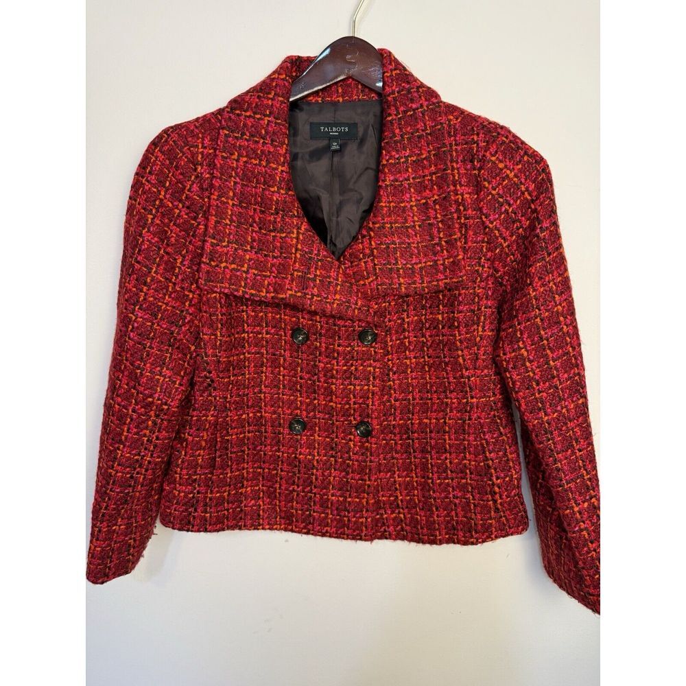 Talbots Blazer Jacket Womens 12 Petite‎ Red Pink Tweed Plaid Wool Blend Career